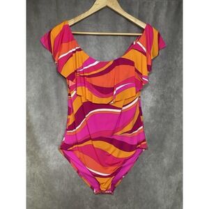 Trina Turk Off The Shoulder Pink Orange Ruffle One Piece Swimsuit Size 14 NWT